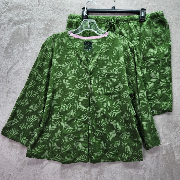 Muk Luks Pajama Set Womens Large Green Palm Print Sleepwear Loungewear 2 Piece - Picture 1 of 11